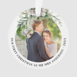 Cone greenery newly weds 1st christmas photo ornament