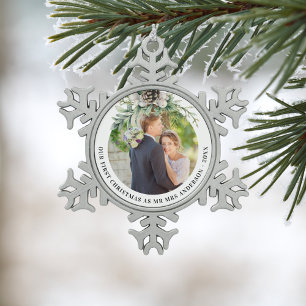 Cone greenery newly weds 1st christmas photo snowflake pewter christmas ornament