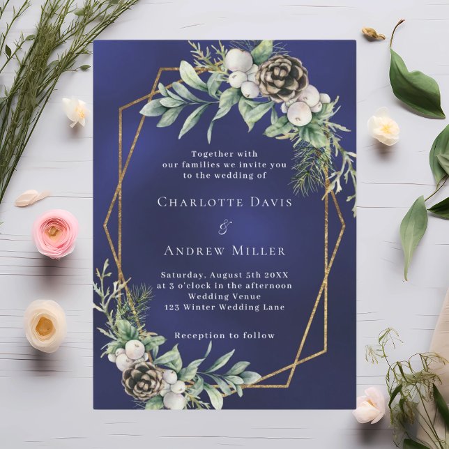 Cone pine greenery gold geometric blue wedding invitation (Creator Uploaded)