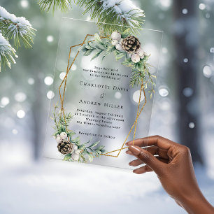 Cone pine greenery gold geometric clear wedding acrylic invitations