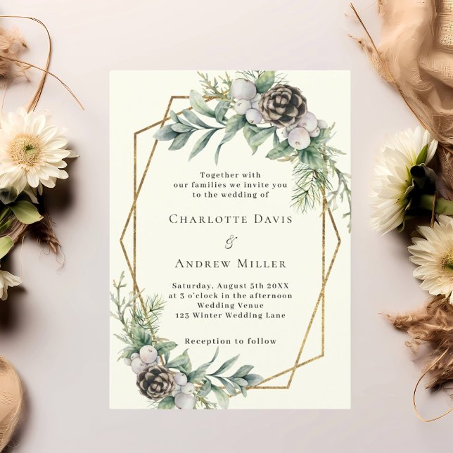 Cone pine greenery gold geometric ivory wedding invitation (Creator Uploaded)