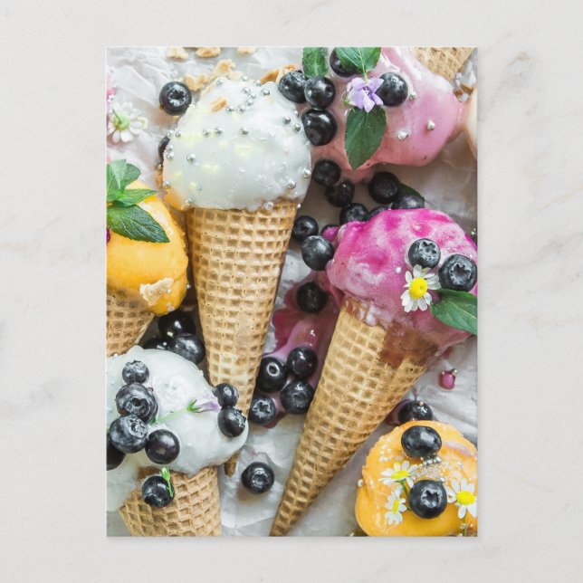 Coned Ice Cream With Blueberries And Flowers Postcard (Front)