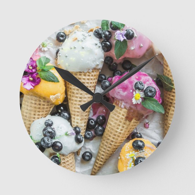 Coned Ice Cream With Blueberries And Flowers Round Clock (Front)