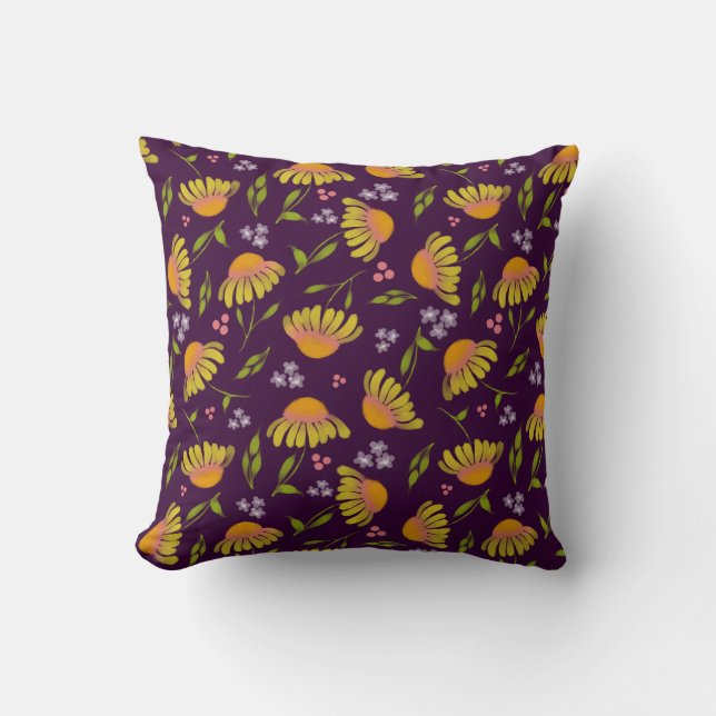 Coneflower Jubilee Yellow Floral on Wine Cushion (Front)