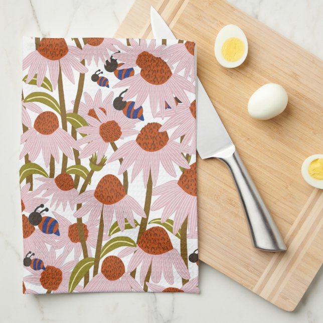 Coneflowers and Bees  Tea Towel (Quarter Fold)