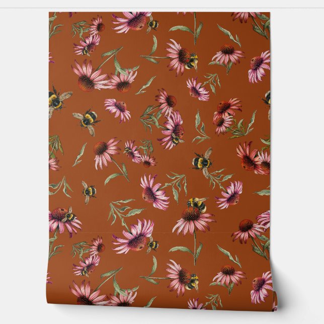 Coneflowers Echinacea Bees Pattern Wallpaper (Unrolling)