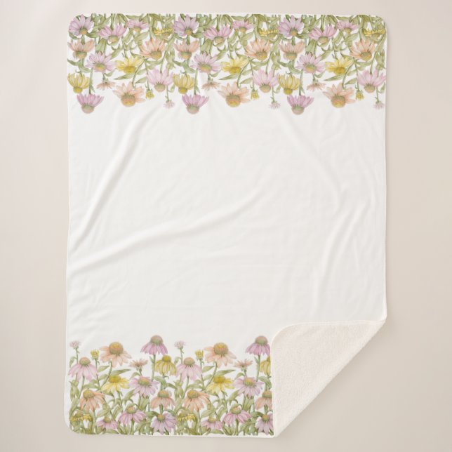 Coneflowers Floral Botanical Art Watercolor Large Sherpa Blanket (Front)