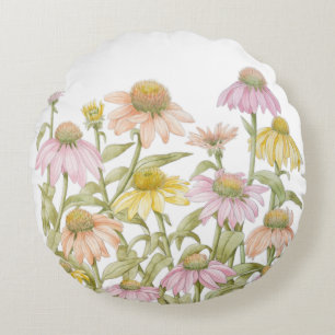 Coneflowers Floral Botanical Art Watercolor Round Cushion