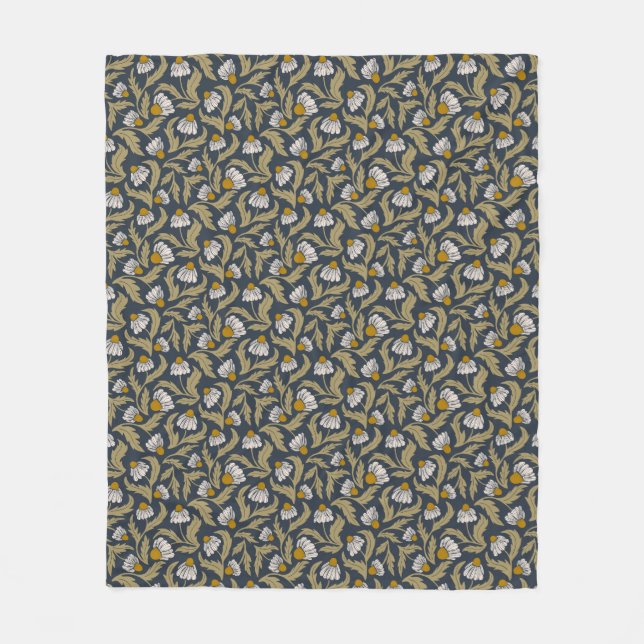 Coneflowers on Navy Blue Modern Floral Fleece Blanket (Front)