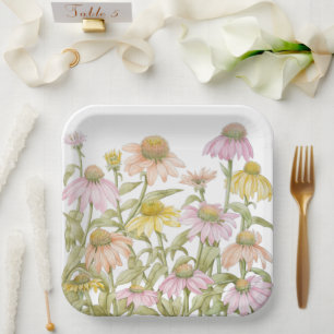 Coneflowers Watercolor Botanical Art Paper Plate