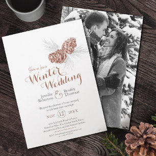 Cones art brown grey winter wedding photo invitation