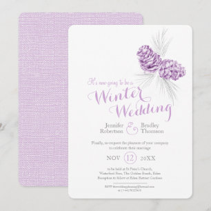 Cones art purple grey winter wedding rescheduled invitation