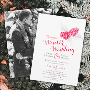 Cones art red grey winter wedding photo invitation
