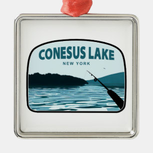 Conesus Lake New York Fishing Rod Metal Tree Decoration