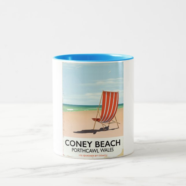 Coney Beach Porthcawl Wales travel poster Two-Tone Coffee Mug (Center)