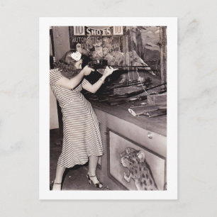 Coney Island, NY Woman in Shooting Gallery Vintage Postcard