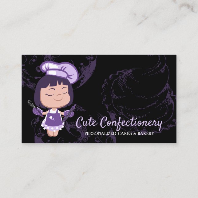 Confectionery Baker purple Girl Pastry Chef Black Business Card (Front)