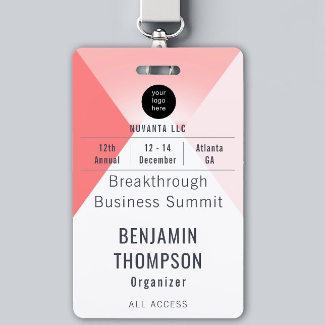Conference Business Corporate Event Red ID Name ID Badge (event badge template business corporate conference geometric design modern professional red pink)