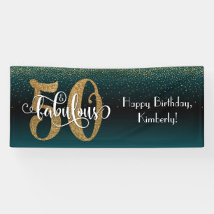 Confetti 50 & Fabulous Birthday Teal + Black Ombre Banner