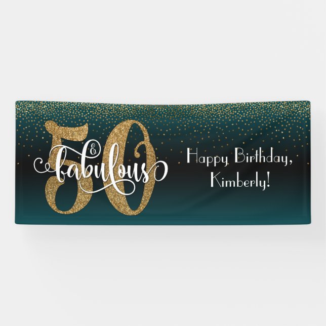 Confetti 50 & Fabulous Birthday Teal + Black Ombre Banner (Horizontal)