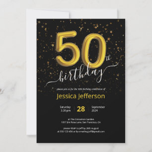 Confetti 50th Birthday Black Gold Balloon Modern Invitation