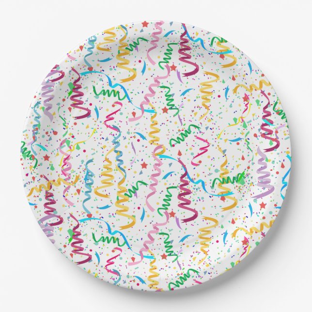 Confetti and Streamers Celebration Birthday Party  Paper Plate (Front)
