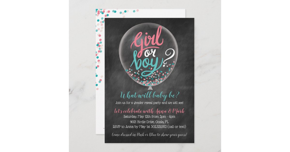 Confetti Balloon Gender Reveal Party Invitation Zazzle