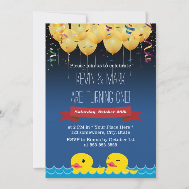 Confetti & Balloons & Duck Twins Birthday Invitation (Front)
