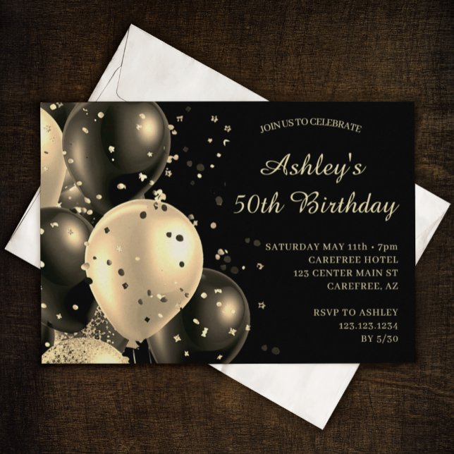 Confetti Balloons Vintage Gold 50th Birthday Invitation (Creator Uploaded)