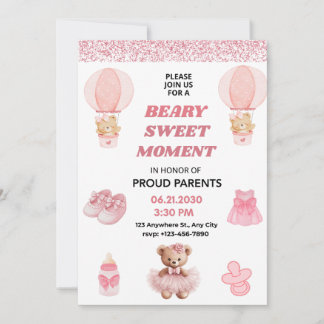 CONFETTI, BEARY SWEET MOMENT GIRL 5X7 BABY SHOWER INVITATION