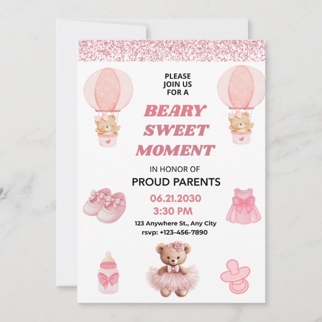 CONFETTI, BEARY SWEET MOMENT GIRL 5X7 BABY SHOWER INVITATION (Front)