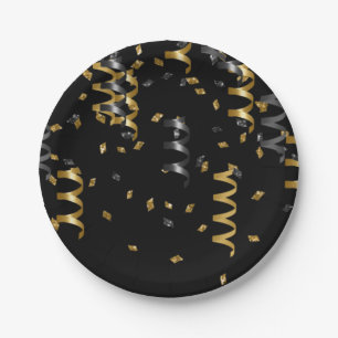 Confetti Black Gold Celebration Modern Chic Fun Paper Plate