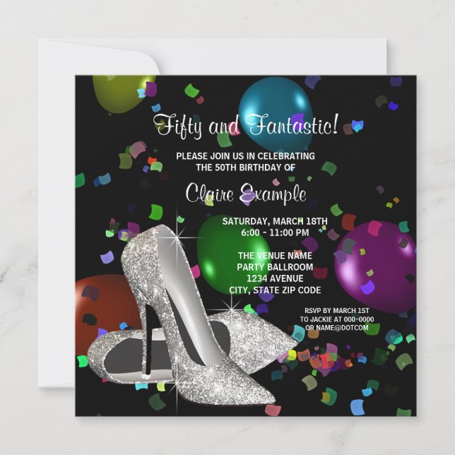 Confetti Black High Heels Womans Birthday Party Invitation (Front)