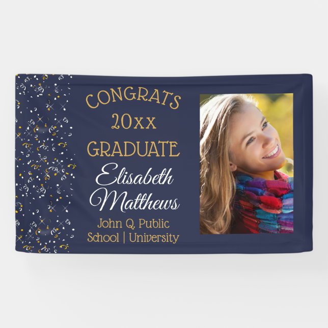 Confetti Blue Photo Congrats Graduate Name School Banner (Horizontal)