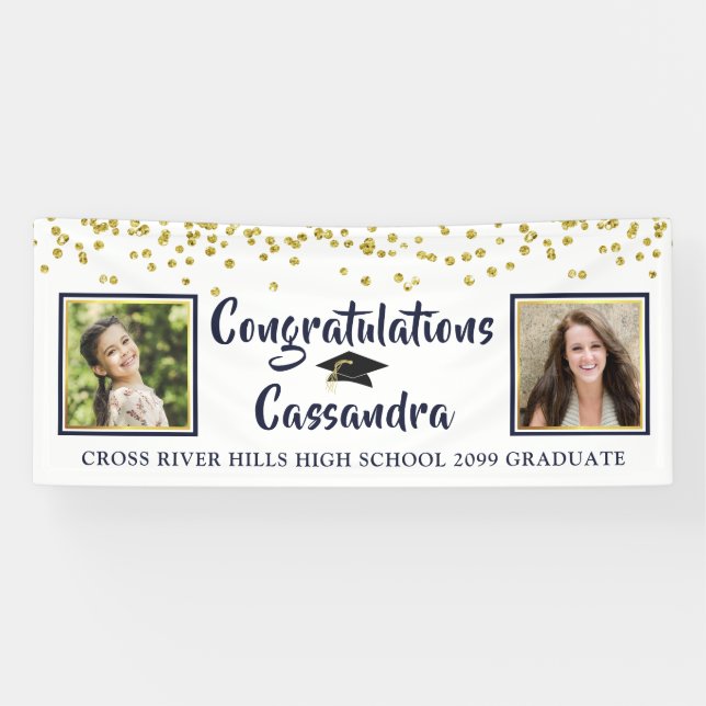 Confetti Brush Script Then & Now Photos Graduation Banner (Horizontal)