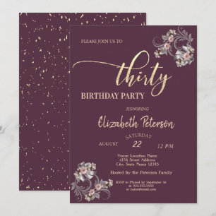 Confetti Burgundy Floral 30th Birthday Party  Invitation