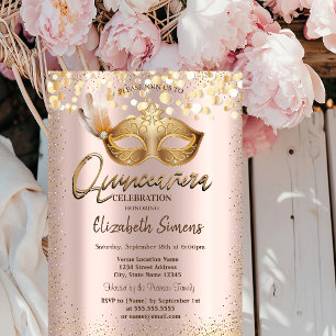  Confetti Chic Masque Rose Gold Quinceañera  Invitation