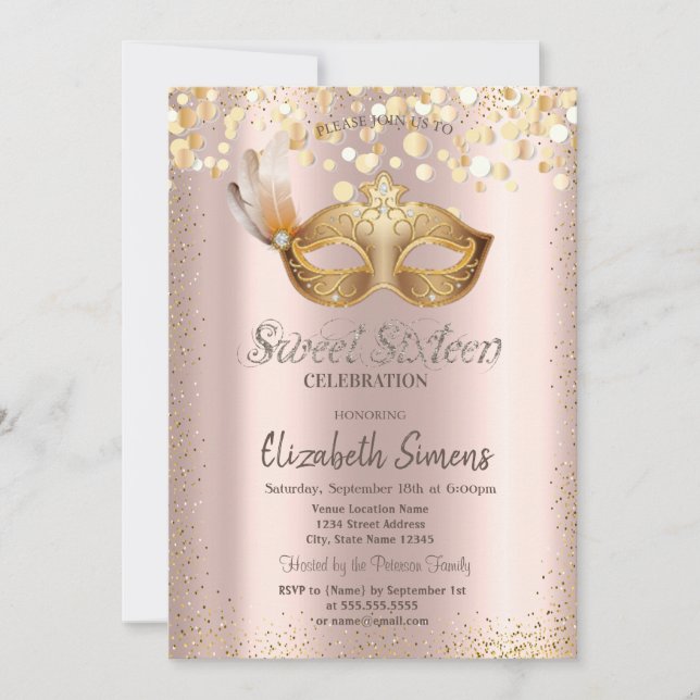  Confetti Chic Masque Rose Gold Sweet 16 Invitation (Front)