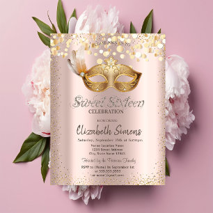  Confetti Chic Masque Rose Gold Sweet 16 Invitation