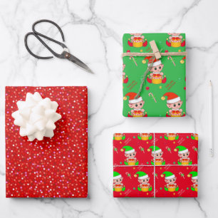Confetti, Christmas Elf, Candy Cane on Green & Red Wrapping Paper Sheet