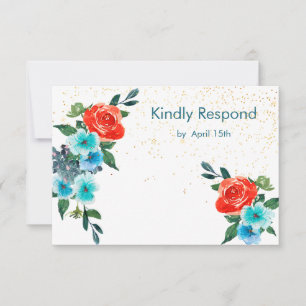 Confetti Coral and Aqua Floral Wedding RSVP Card