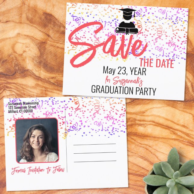 Confetti Custom Photo Graduation Save The Date  Announcement Postcard (Creator Uploaded)