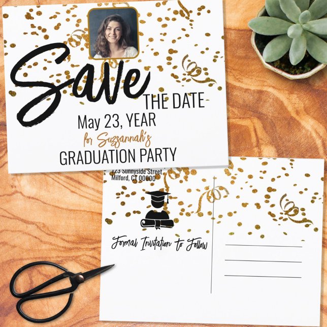 Confetti Custom Photo Graduation Save The Date Announcement Postcard (Creator Uploaded)