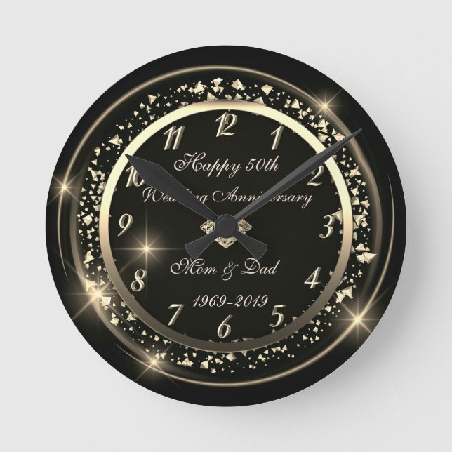 Confetti Diamond Black 50th Wedding Anniversary Round Clock (Front)