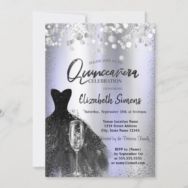 Confetti Dots,Black Dress Glass Violet Quinceañera Invitation (Front)