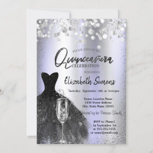 Confetti Dots,Black Dress Glass Violet Quinceañera Invitation