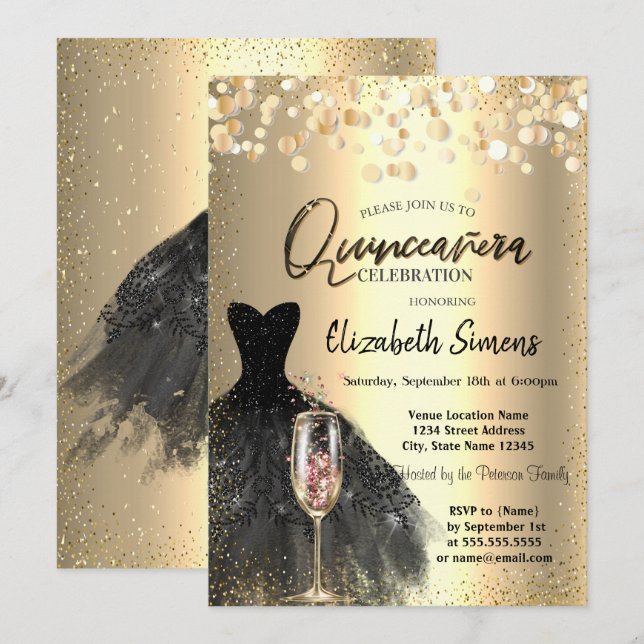  Confetti Dots,Black Dress Wine Glass Quinceañera Invitation (Front/Back)