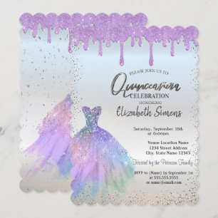 Confetti Dots,Blue Dress Violet Drips Quinceañera Invitation