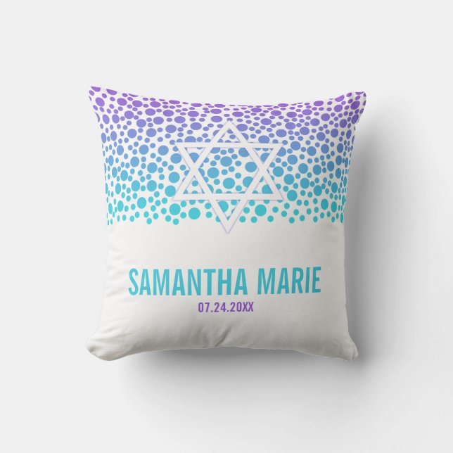 Confetti Dots Purple Teal Bat Mitzvah Cushion (Front)