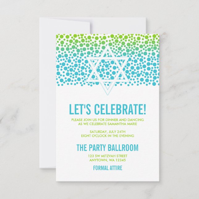 Confetti Dots Teal Green Bat Mitzvah Reception Invitation (Front)